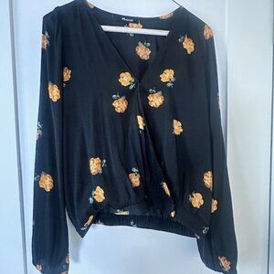 Madewell Black Floral Wrap-Style Blouse | Long Sleeve | Size S